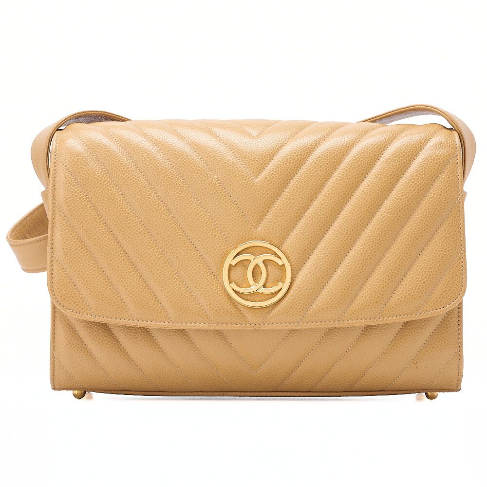 CHANEL シャネル サークルココマーク シングルフラップ ショルダーバッグ キャビアスキン ベージュ（ゴールド金具） レディースバッグ トートバッグ ハイブランド 【中古】【送料無料】 CHANEL シャネル サークルココマーク シングルフラップ ショルダー