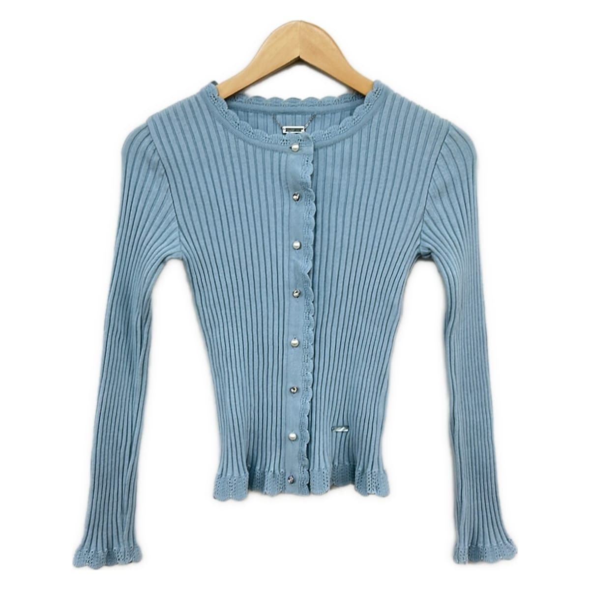 Rene(ルネ) カーディガン サイズ34 S レディース美品  - 白 半袖/パール/リボン Rene（ルネ） 美品 25SS Rene フリルカラー フェイクパールボタン
