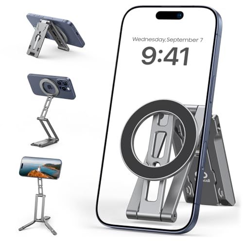 [with Hook] Smartphone Tripod Stand, Compatible with MagSafe, Desktop Lamicall: Foldable Aluminum Shooting Mini Selfie Magnet Multifunction Cell Phone Holder, Fixed Angle, 360 Degree Rotation, iPhone, Vertical, Horizontal, Desk, Portable, Lightweight, Compaq 385e1894