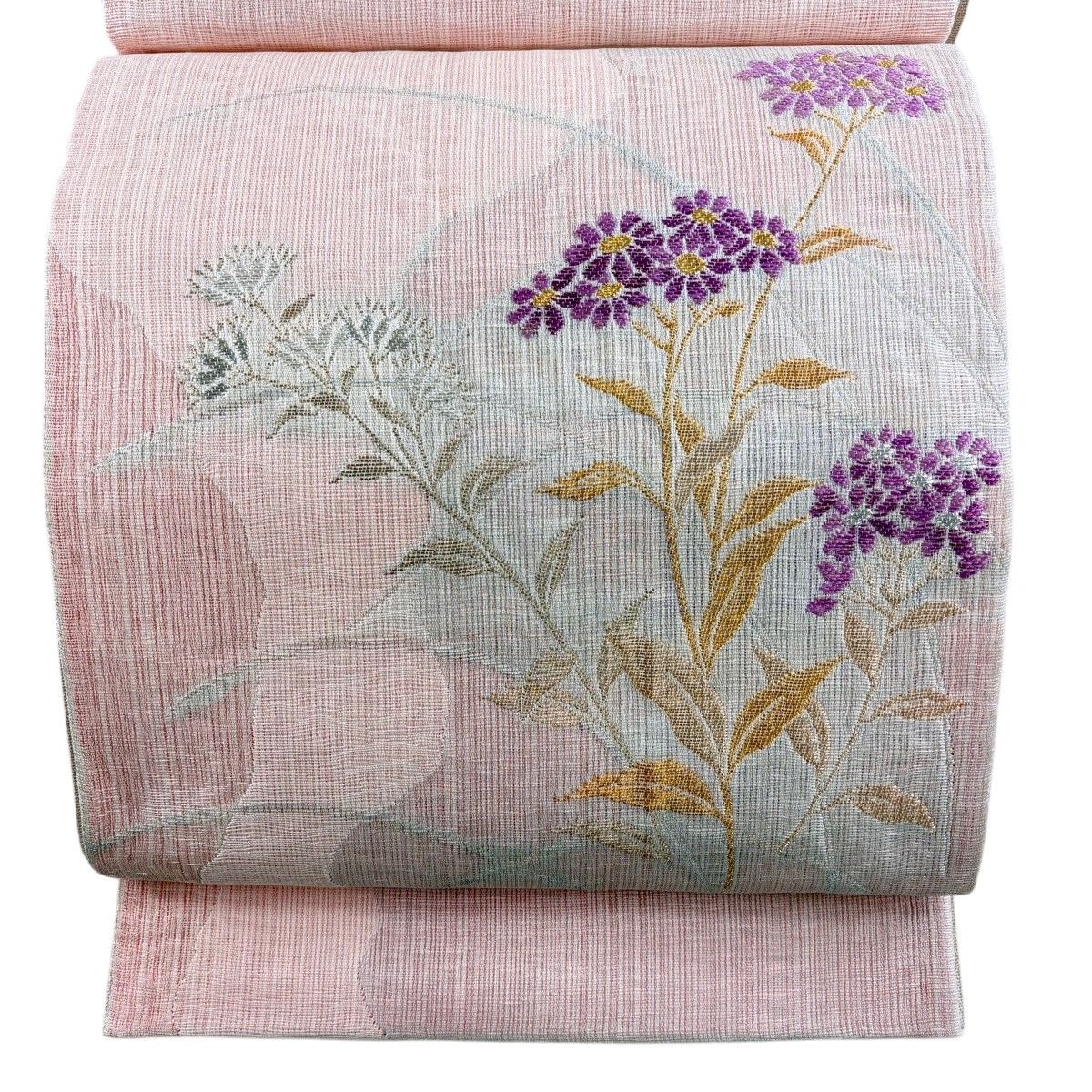袋帯 正絹 金糸銀糸 松に藤と菊文様 ピンク色ｘ薄紫色 パステル系 六通柄 フォーマル 礼装 長さ440cm【中古】 【キモノオフ野々市若松店】 袋帯 松と菊に藤紋様 灰色x多色 金糸銀糸 六通柄 フォーマル向け