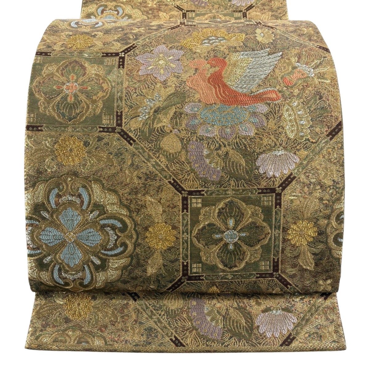 袋帯 正絹 寿賀多錦 九百織 金色ｘ緑色 金糸銀糸 華文紋様 六通柄 フォーマル 礼装 長さ440cm【中古】 【キモノオフ野々市若松店】 中古）袋帯 銀 紫 フォーマル 六通 織り 金糸 唐草 尾長鳥 花 煌貴箔錦 絹