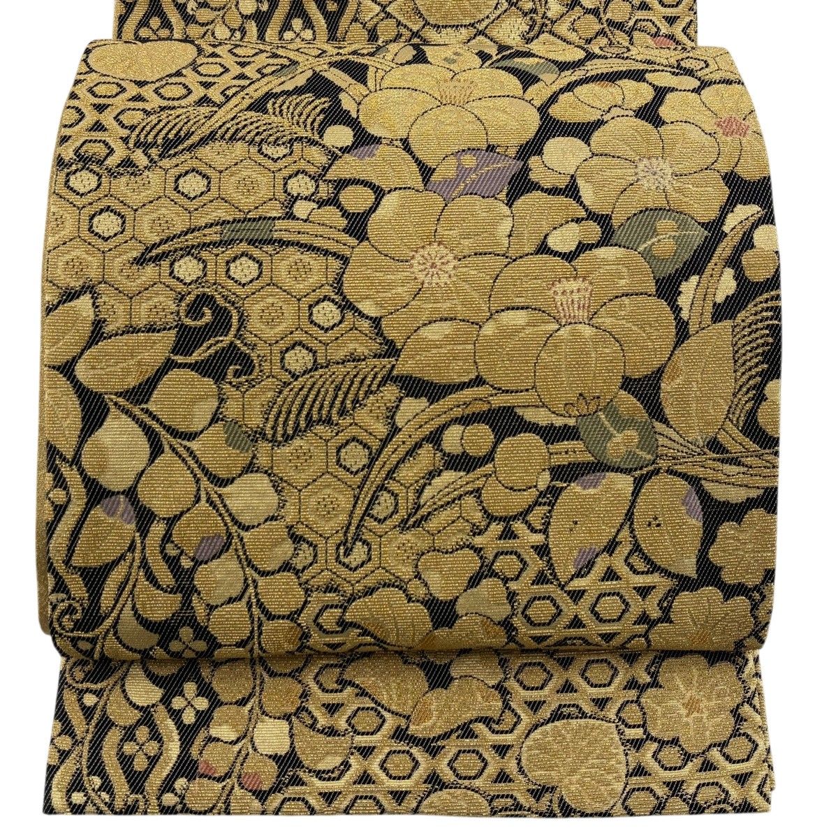 美品】 袋帯 名品 落款 辻が花柄 亀甲 金糸 箔 金色 六通 正絹 【中古