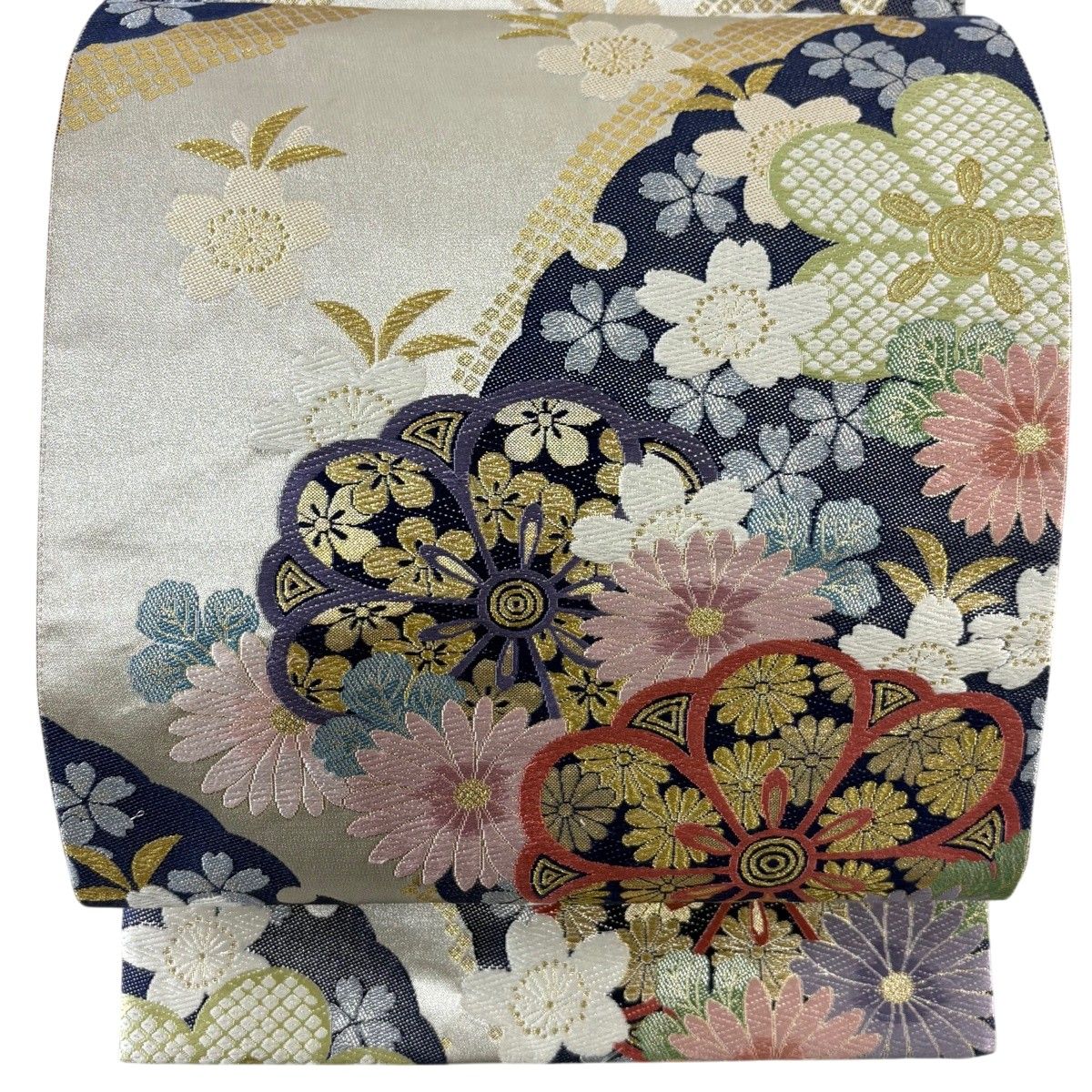 美しい スピ買◇ 着物 1円 名品 袋帯 灰白 花丸文 桜 菊 牡丹 桔梗 