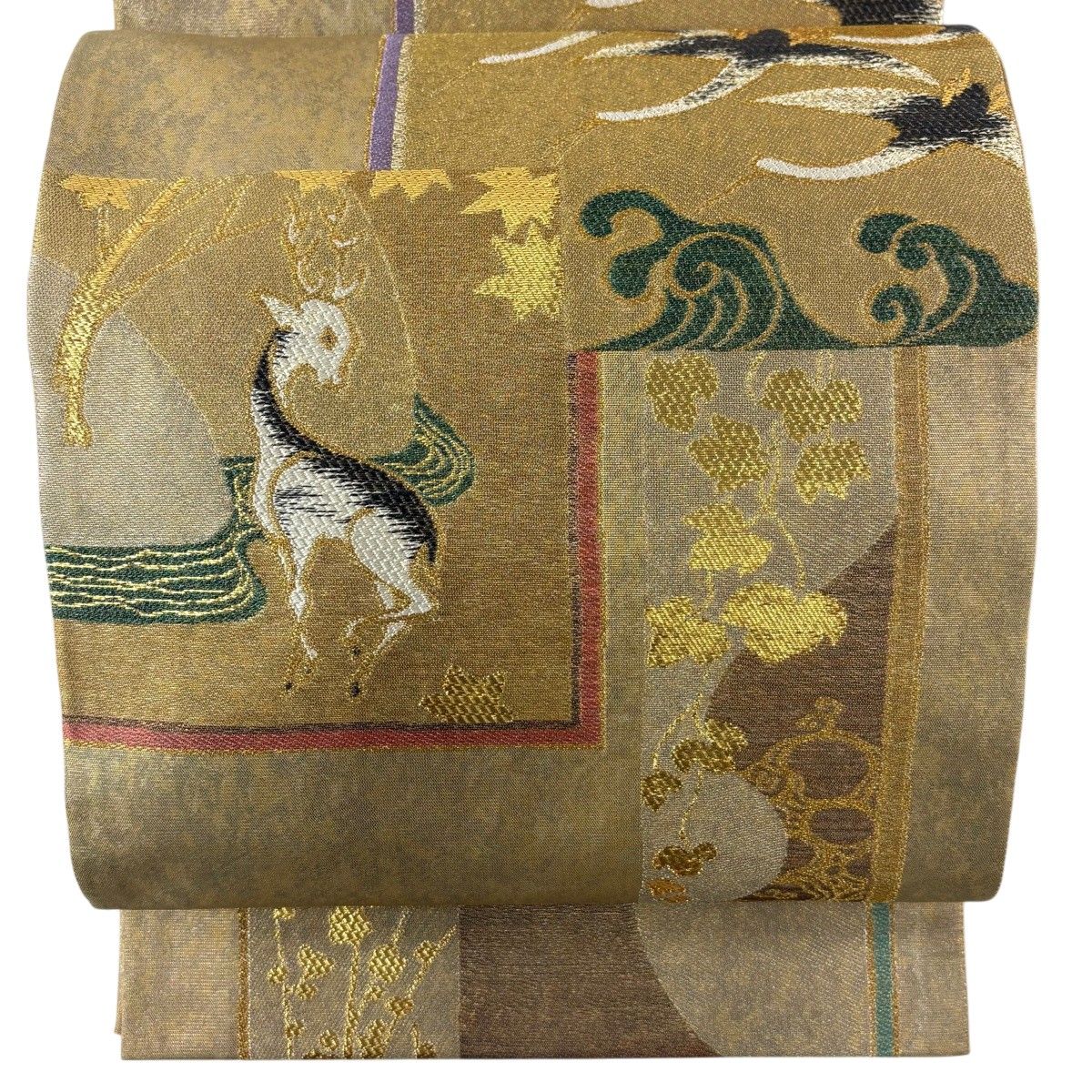 袋帯 金糸 鳥 鹿 正絹 六通 D388 【公式通販】