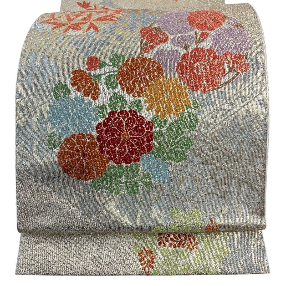 美しい スピ買◇ 着物 1円 名品 袋帯 灰白 花丸文 桜 菊 牡丹 桔梗 