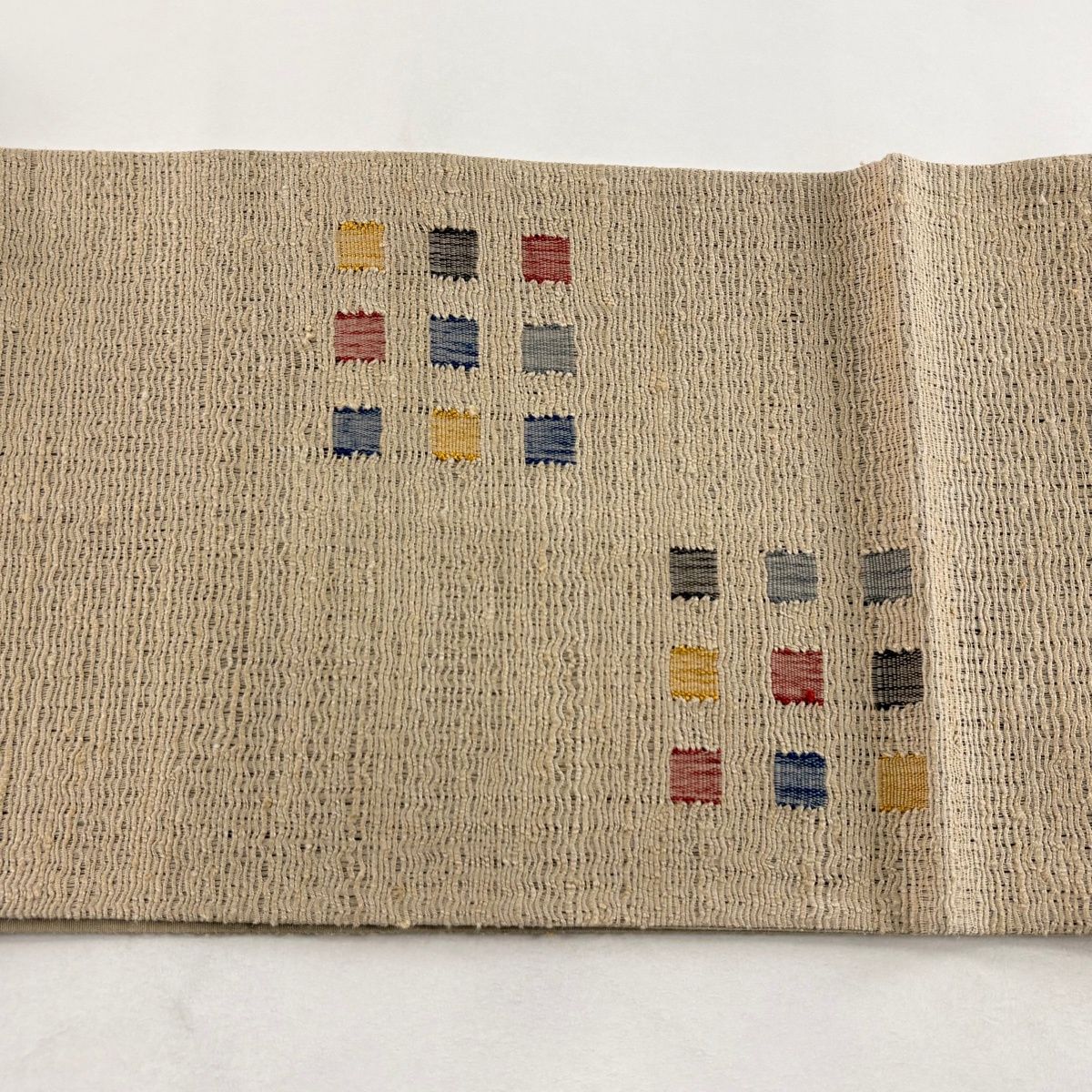 美品】 袋帯 秀品 紬地 幾何学模様 薄茶色 お太鼓柄 正絹 【中古