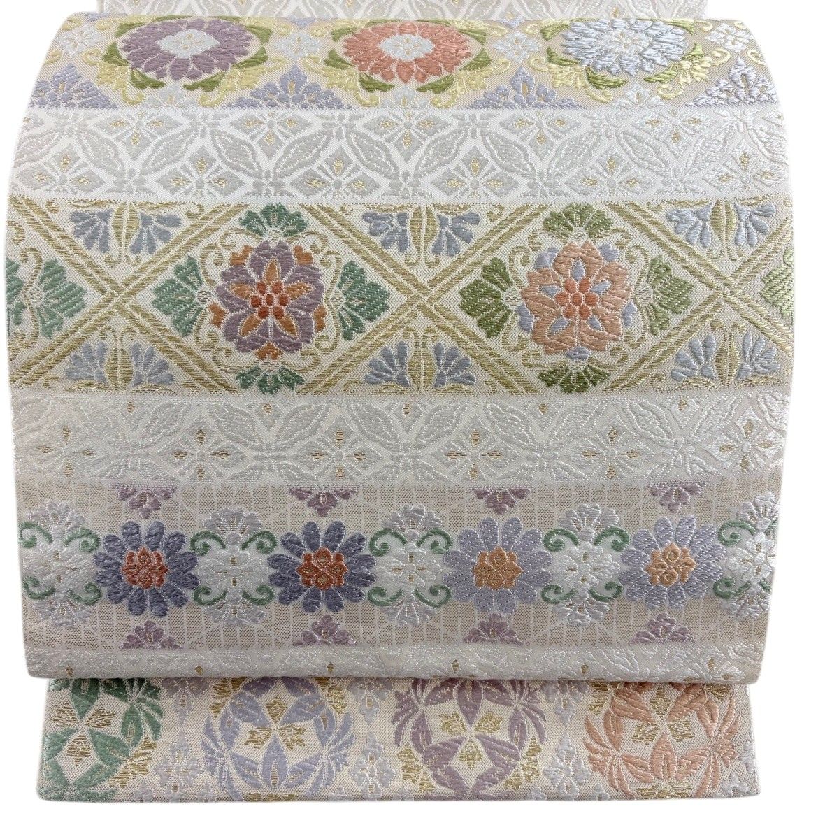 袋帯 名品 花 七宝花菱 金糸 唐織 クリーム 六通 正絹 【中古】 - メルカリ