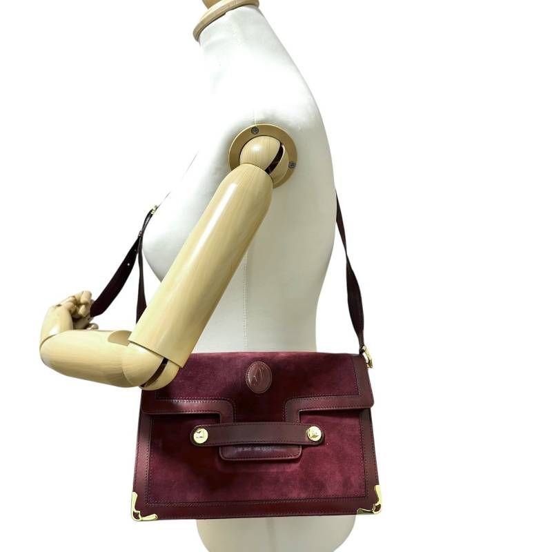 美品☆Cartier☆マストライン スエード×レザー ショルダーバッグ ボルドー Cartier カルティエ マストライン リベットモチーフ スエード