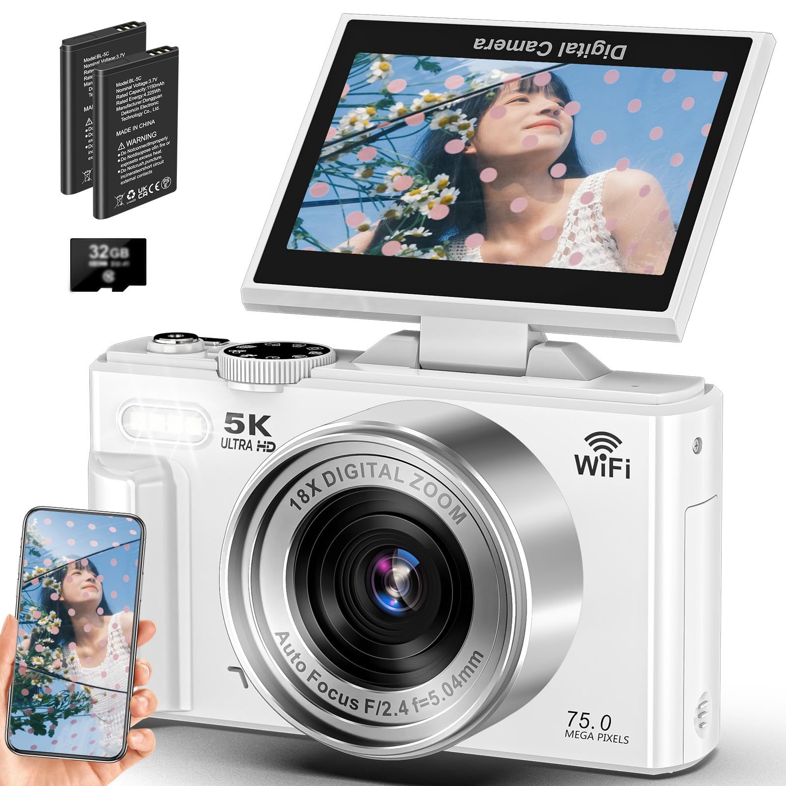 デジタルカメラ 5K録画 7500万画素 スマホに送れる デジカメ Wi-Fi機能