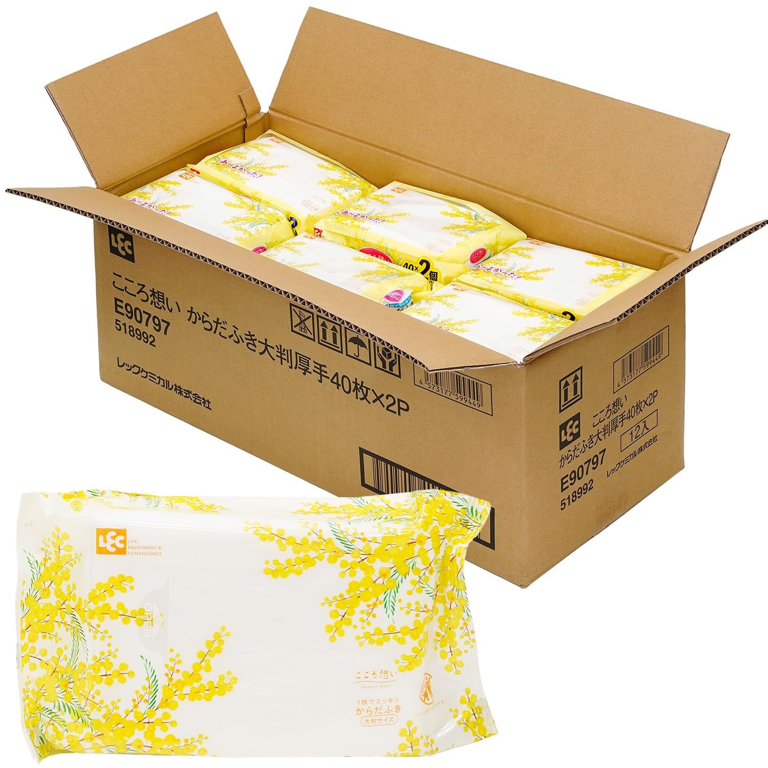 新品 レック(LEC) こころ想い 大人用 からだふき 大判厚手タイプ (30×20cm) 40枚×24個 (960枚) ケース品/丈夫なシートでしっかり拭ける/日本製/無香料/アロエエキス配合