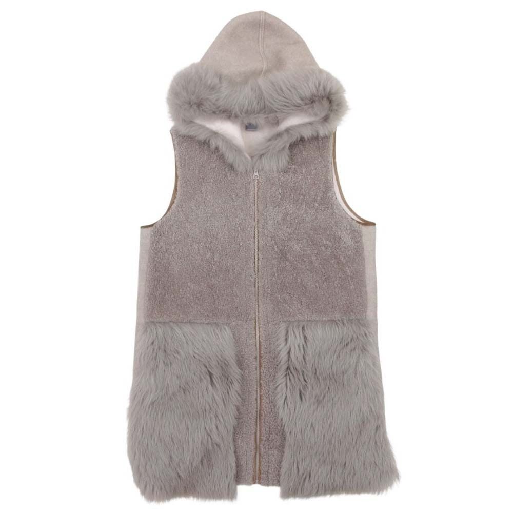 美品 Lisa Conte リサコンテ ムートンベスト フーデッド ロングジレ 羊革ムートン カシミヤブレンド ベスト 40 グレージュ レディース 古着 中古 USED 美品 Lisa Conte リサコンテ ムートンベスト フーデッド ロングジレ 羊