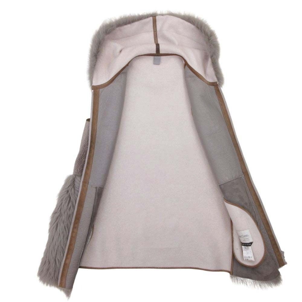 美品 Lisa Conte リサコンテ ムートンベスト フーデッド ロングジレ 羊革ムートン カシミヤブレンド ベスト 40 グレージュ レディース 古着 中古 USED 美品 Lisa Conte リサコンテ ムートンベスト フーデッド ロングジレ 羊