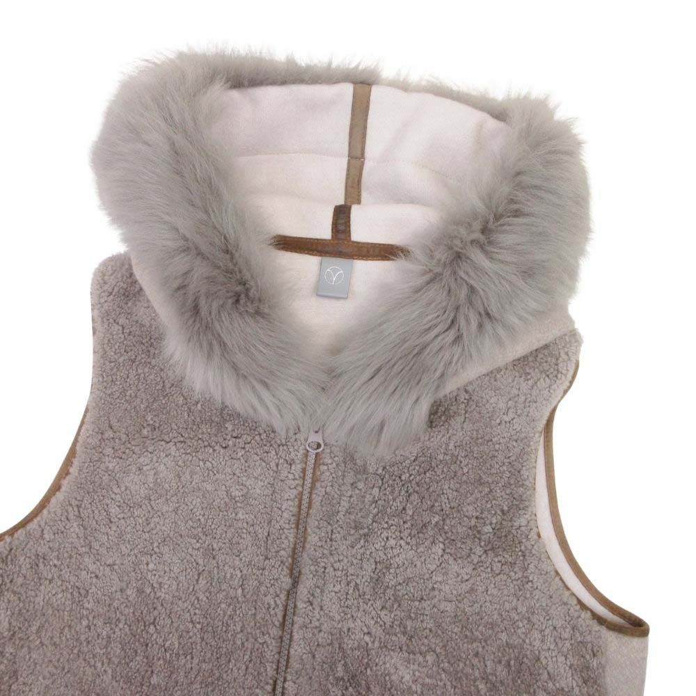 美品 Lisa Conte リサコンテ ムートンベスト フーデッド ロングジレ 羊革ムートン カシミヤブレンド ベスト 40 グレージュ レディース 古着 中古 USED 美品 Lisa Conte リサコンテ ムートンベスト フーデッド ロングジレ 羊