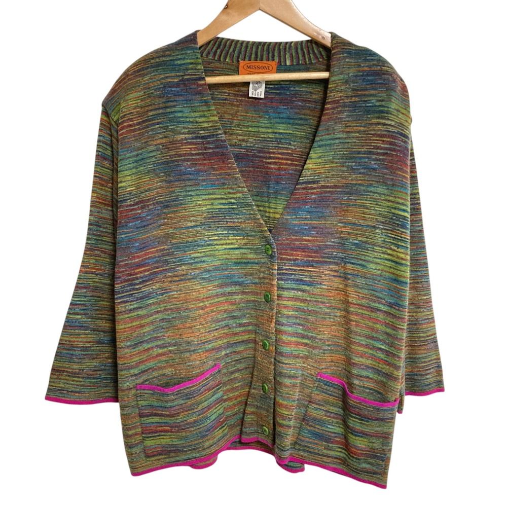 美品 MISSONI ミッソーニ マルチボーダー Vネック ロング ニットカーディガン サイズ44 マルチカラー レディース 古着 中古 USED 美品 MISSONI ミッソーニ ボーダー Vネック ニットカーディガン 44