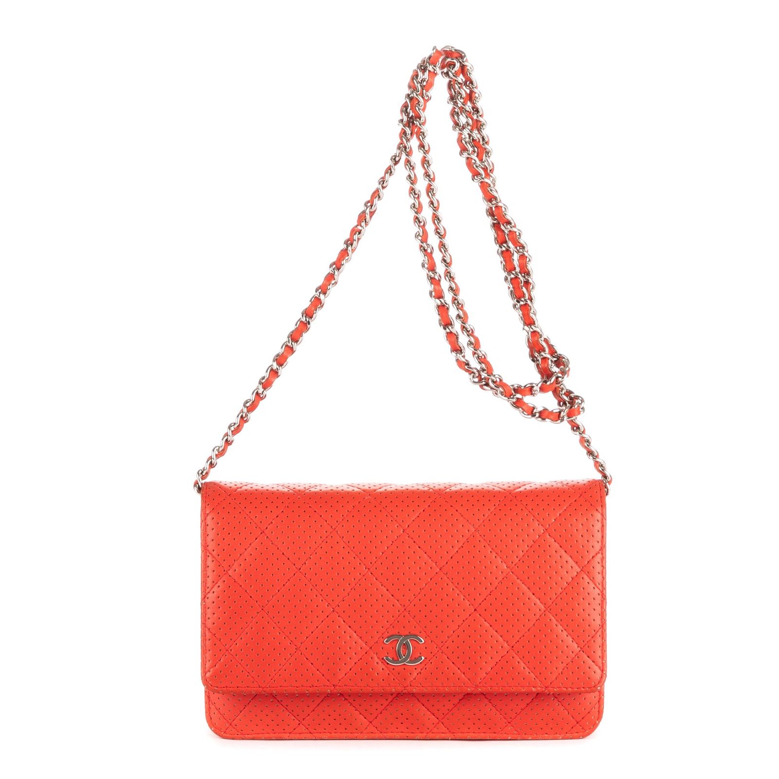 中古] CHANEL シャネルチェーンウォレット赤マトラッセペルフォレザーA 