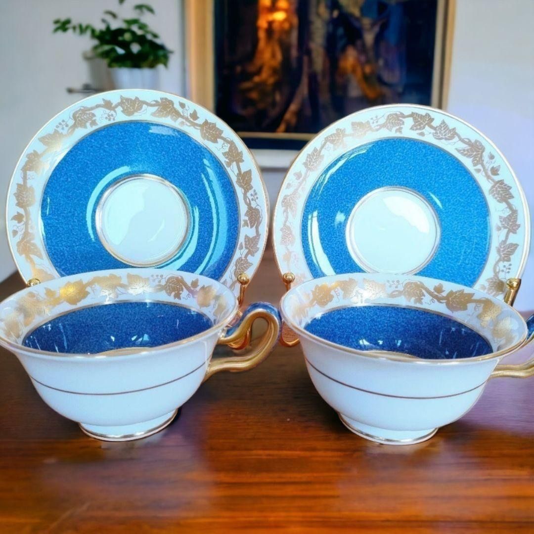 ウェッジウッド WEDGWOOD ホワイトホール パウダー ブルー ゴールド ピオニーシェイプ カップ＆ソーサー 2客セット