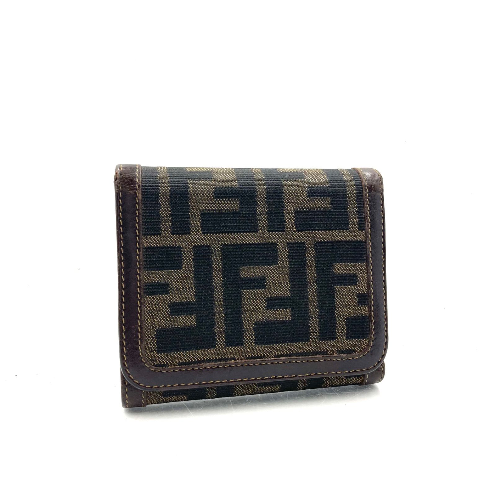 FENDI フェンディ ズッカ 三つ折り財布 キャンバス×レザー ブラウン