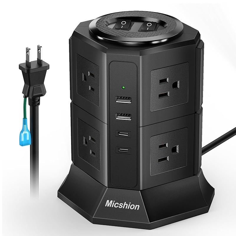 延長コード 2M 電源タップ タワー Type-C付 8個AC口 2個USB-Cポート 2個USB-Aポート Micshion USB コンセント 個別スイッチ型 テーブルタップ 雷ガード usb-c付き たこ足配線 過負荷保護 2層 省エネ ブラック… 0