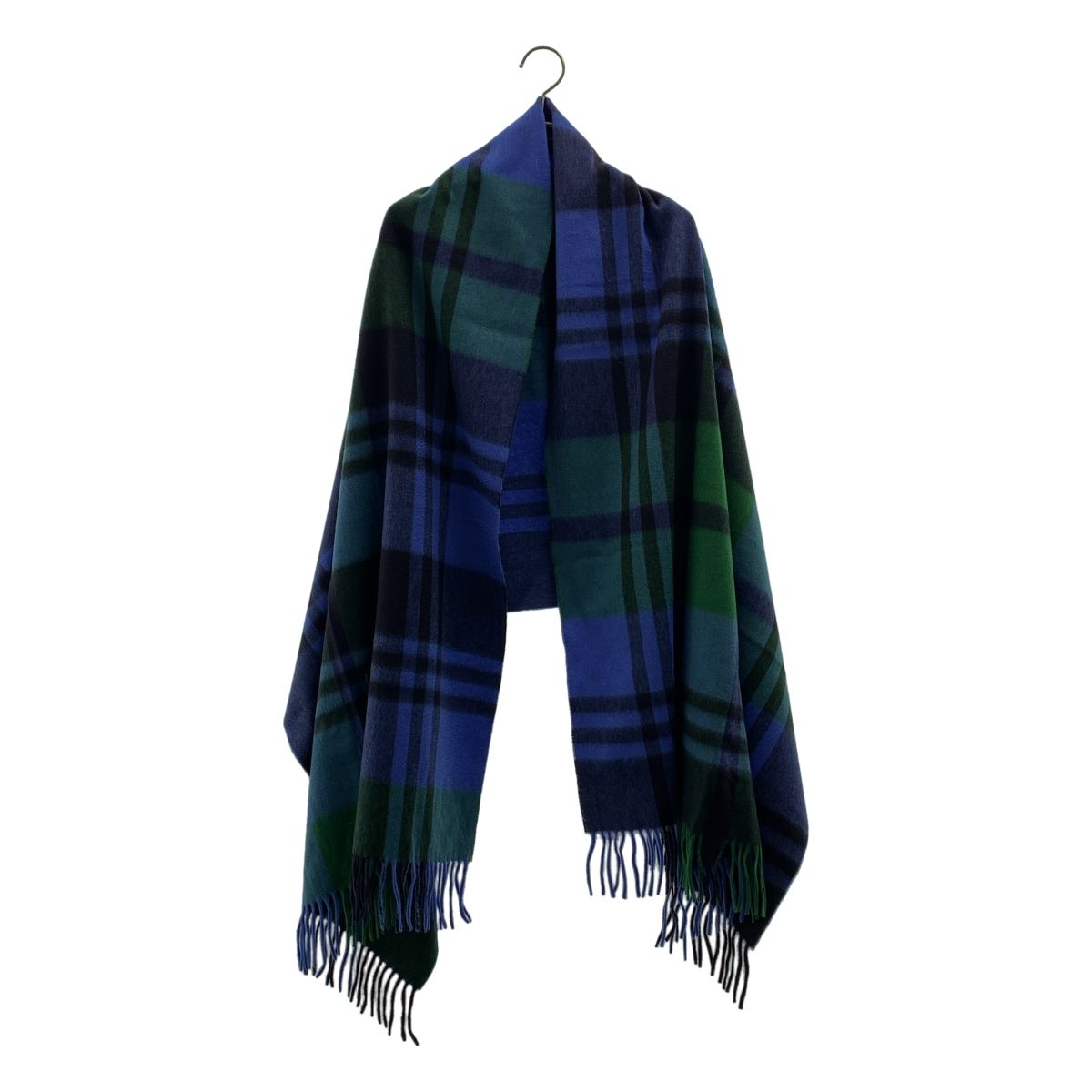 【美品】  JOSHUA ELLIS / ジョシュアエリス | cashmere 100％ / カシミヤ フリンジ 大判 ストール マフラー / ユニセックス | グリーン/ブルー Joshua Ellis（ジョシュアエリス） カシミヤ100% ストール 大判 厚手