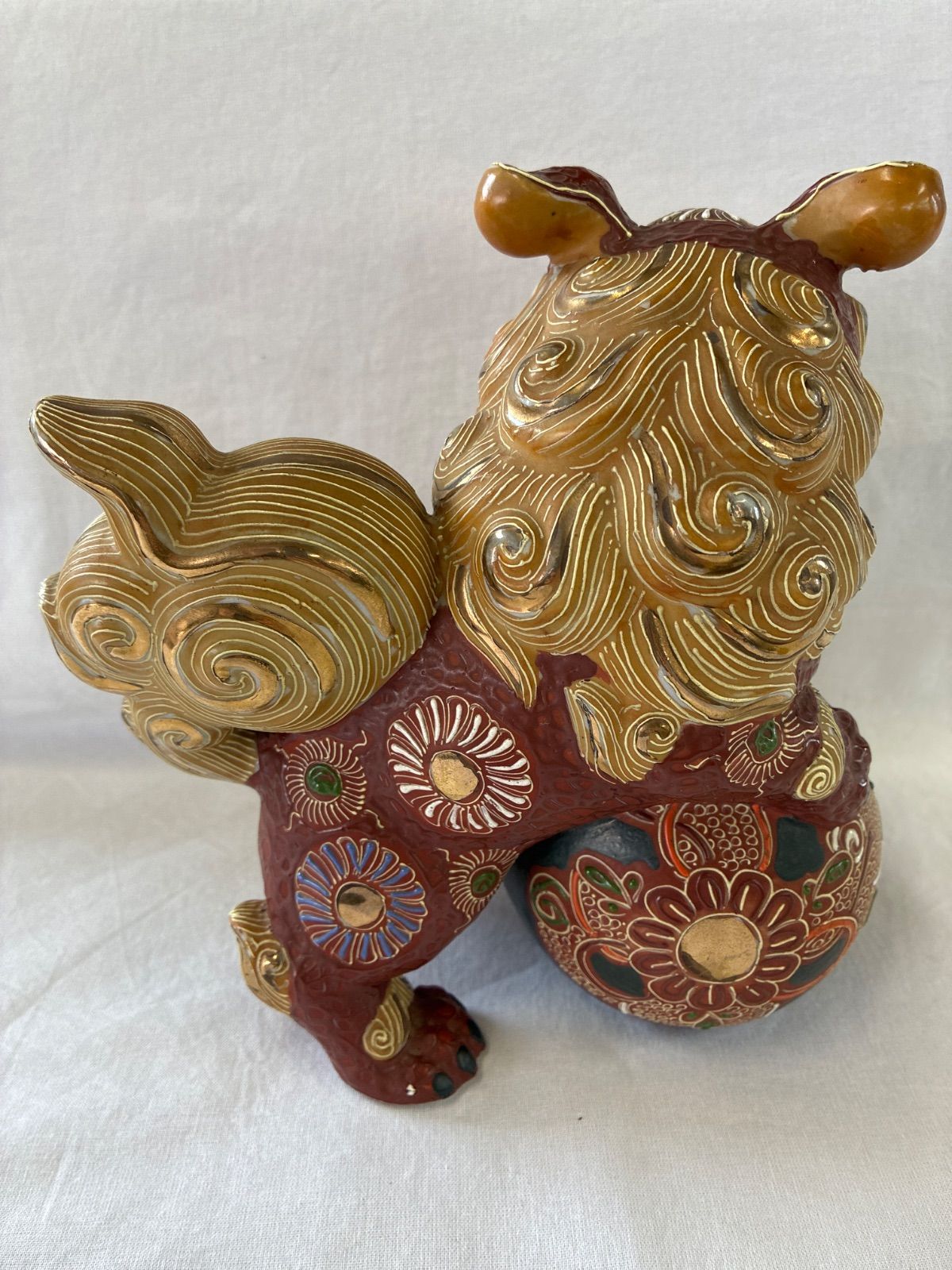 約18cm】九谷焼 玉乗り獅子 置物 東山九谷 縁起物 魔除け 金彩 赤