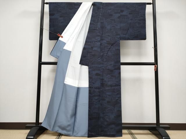 平和屋着物●極上　本場結城紬　重要無形文化財　80亀甲　エ霞枝花文　紫黒色地　証紙付き　逸品　未使用　CYAA4852s6 平和屋着物○極上 本場結城紬 重要無形文化財 100亀甲 風景松文 濃紺地