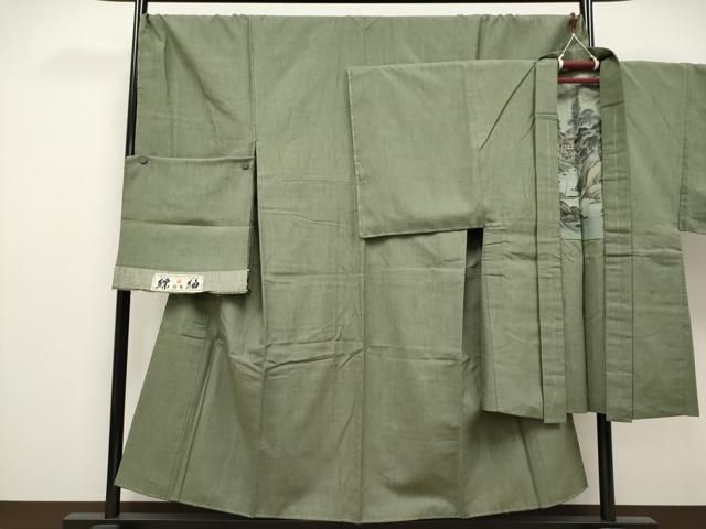 平和屋着物●極上　男性　京都の和装業の老舗一門　千切屋　縹紬　アンサンブル　キングサイズ　鶸茶色　証紙付き　逸品 未使用 CYAA4909s6 平和屋着物○極上 男性 京都の和装業の老舗一門 千切屋 縹紬