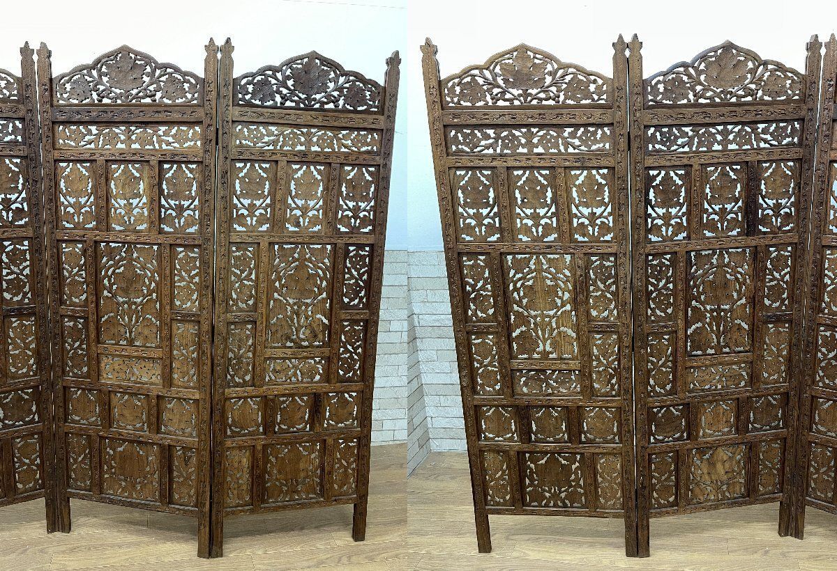 ○アジアン家具 4連パーテーション 透かし彫り ついたて 衝立 木彫り 