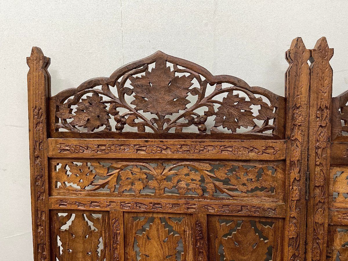 ○アジアン家具 4連パーテーション 透かし彫り ついたて 衝立 木彫り 