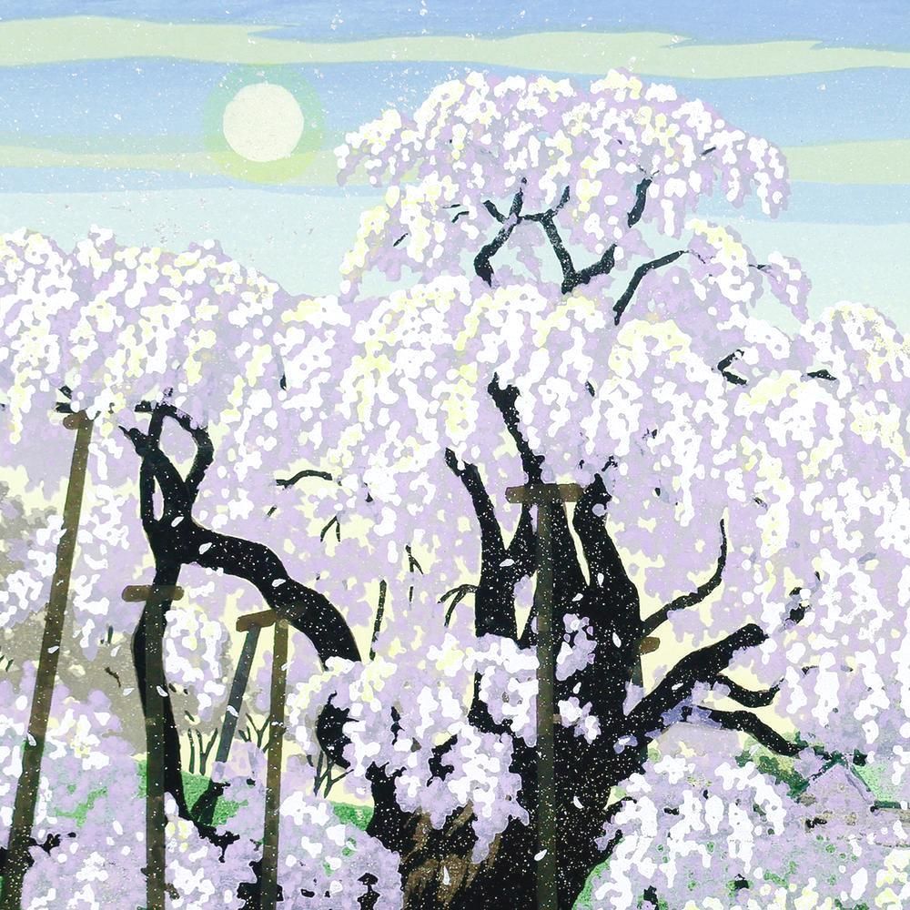 真作】【WISH】井堂雅夫「月煌滝桜」木版画 約10号 2002年作 直筆