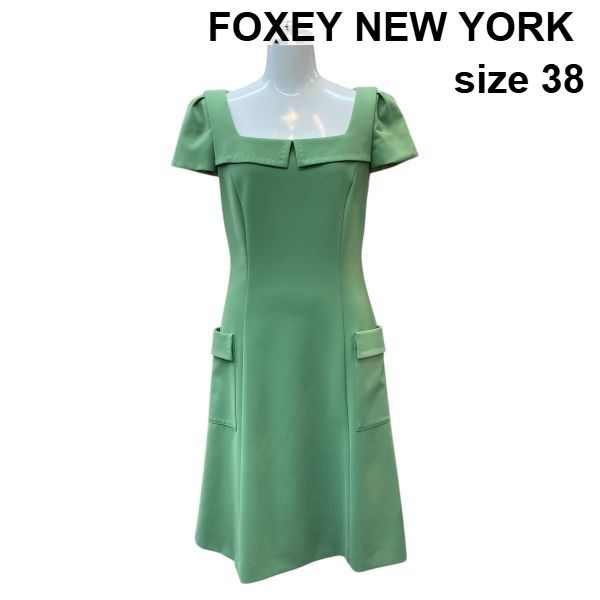 □ フォクシー FOXEY NEW YORK ワンピース 膝丈 スクエアネック 半袖
