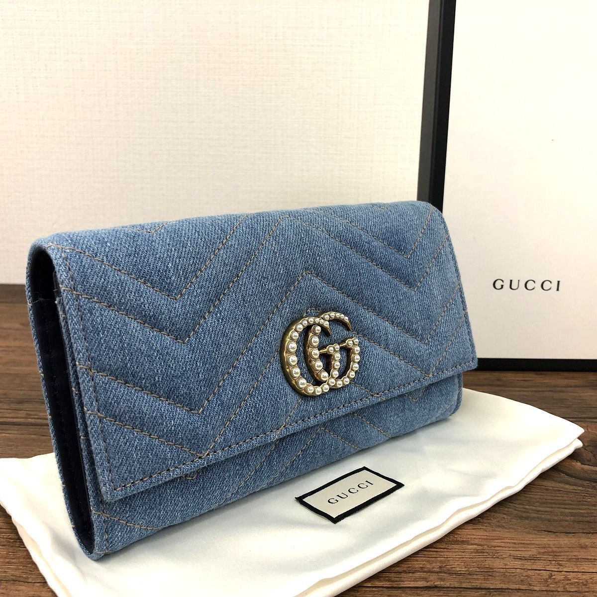33 送料込み！ 未使用品 GUCCI 長財布 443436 デニム GGマーモント 箱 