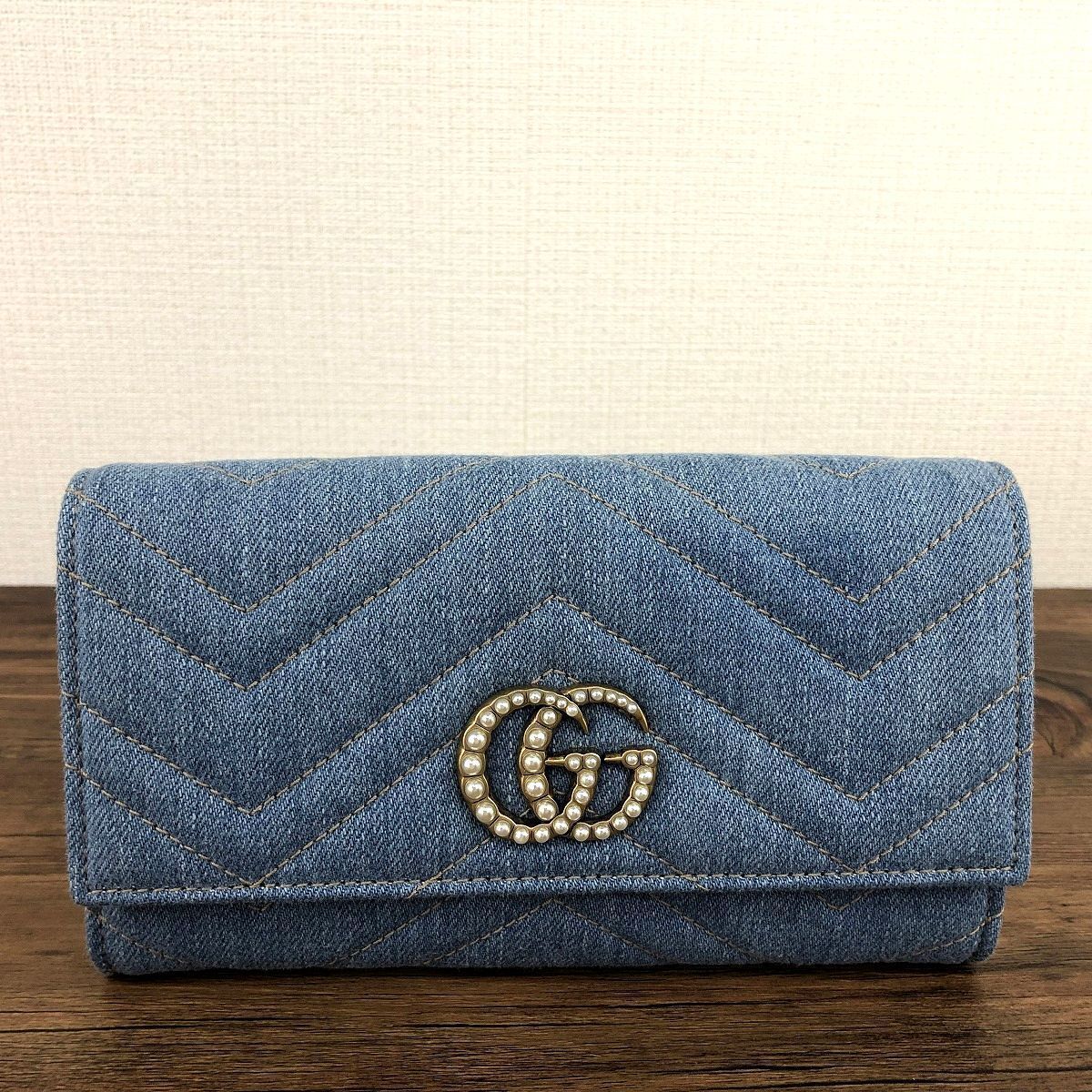 33 送料込み！ 未使用品 GUCCI 長財布 443436 デニム GGマーモント 箱 