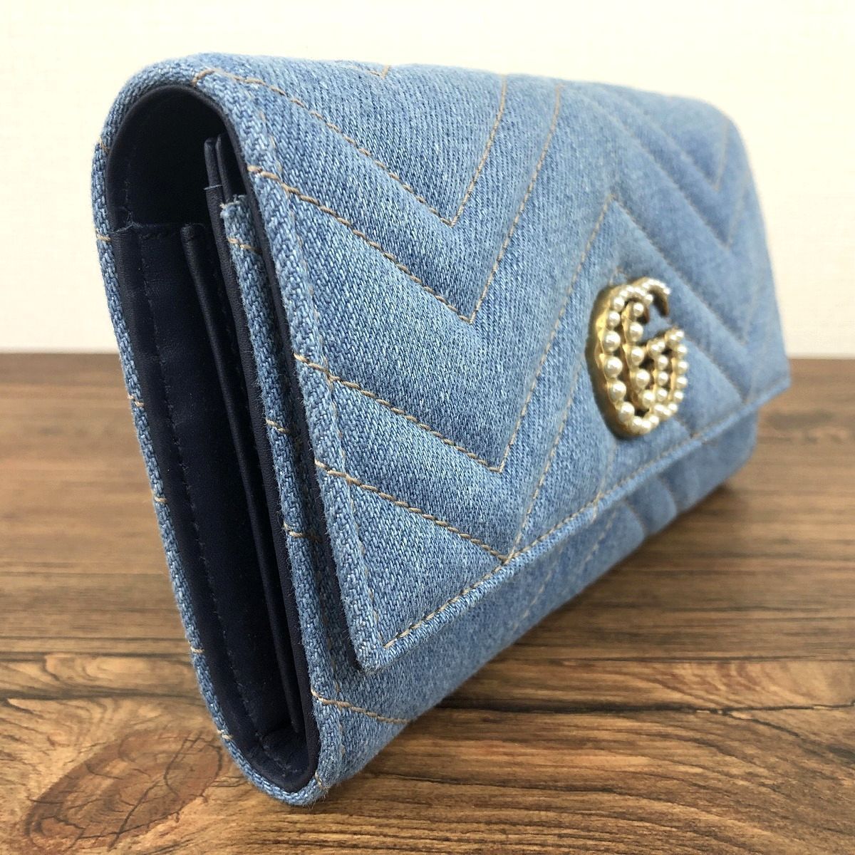 33 送料込み！ 未使用品 GUCCI 長財布 443436 デニム GGマーモント 箱 