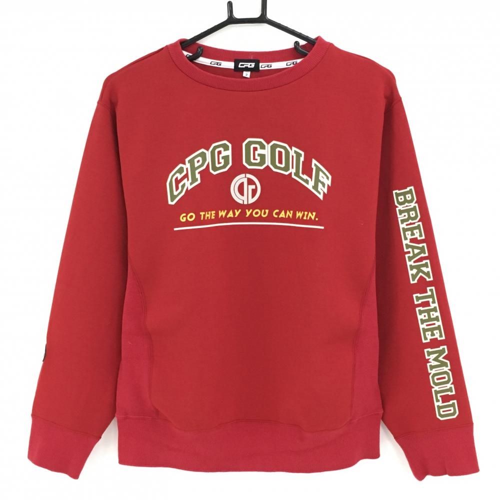 【美品】CPG トレーナー レッド系×カーキ系 ロゴプリント ダンボールニット調 レディース 2(M) ゴルフウェア CPG ゴルフ 【美品】CPG トレーナー レッド系×カーキ系 ロゴプリント