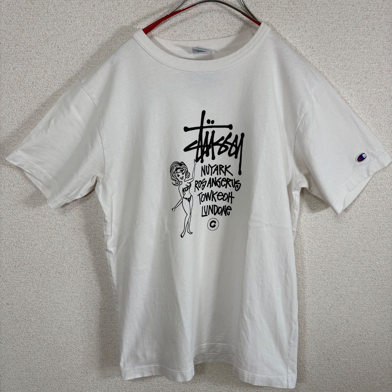 Stussy Tシャツ Championボディ 白 M 半袖 プリント ステューシー 