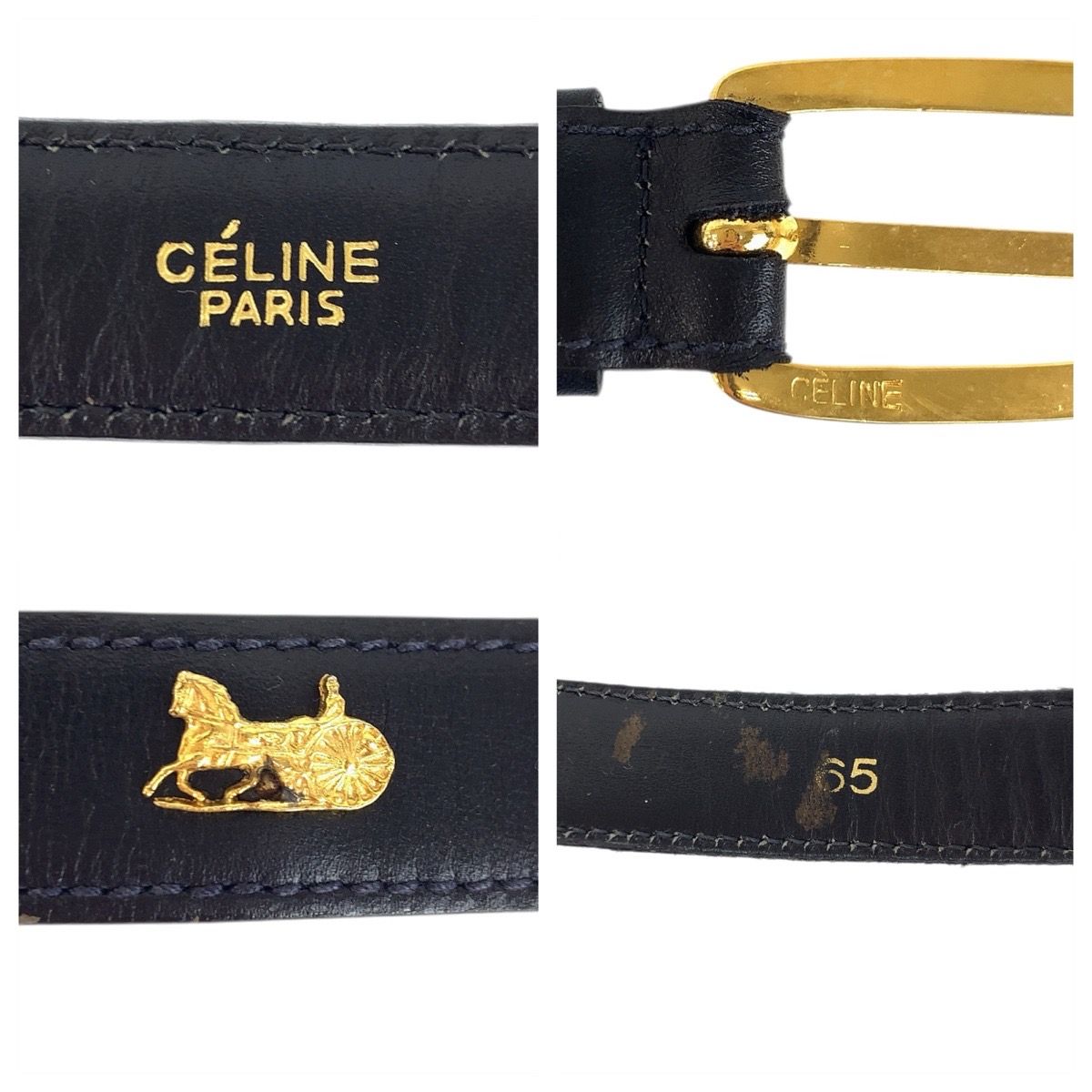 CELINE セリーヌ ヴィンテージ 馬車金具 65cm ブラック 黒 ゴールド金具 レザー ベルト レディース 601762 【中古】 CELINE - CELINE セリーヌ ヴィンテージ 馬車金具 65cm ブラック 黒