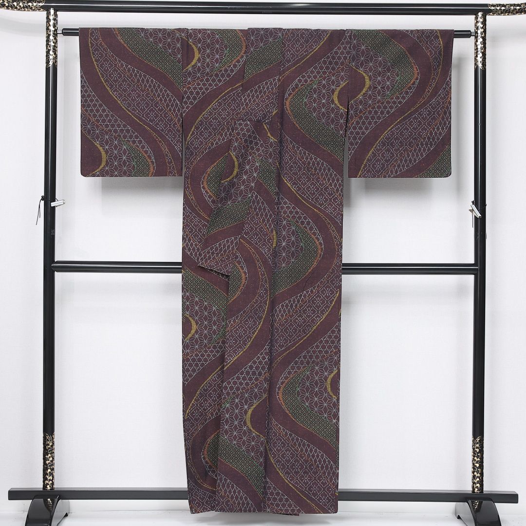 紬（真綿紬） 単衣 身丈158cm 裄丈65cm 正絹 Sランク Mサイズ 広衿
