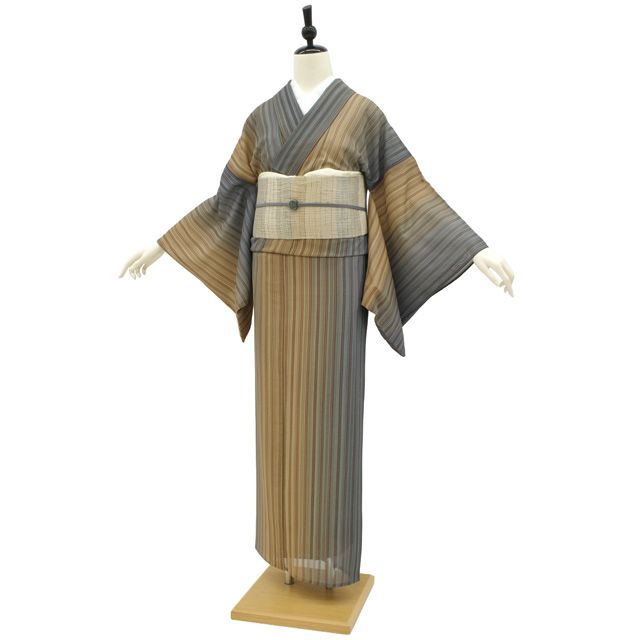 夏物 小紋 着物 紋紗 薄物 単衣 薄茶 ブルーグレー 縦ぼかし 縞 夏着物 中古 仕立て上がり 身丈160 裄丈66 Ｍ～Ｌサイズ みやがわ sb17379 夏物 小紋 着物 紋紗 薄物 単衣 薄茶 ブルーグレー 縦ぼかし 縞 夏着物
