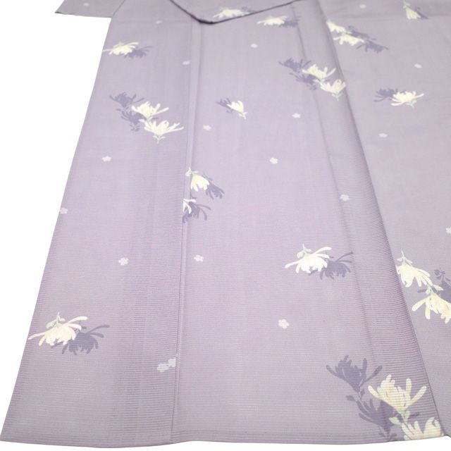 夏物 小紋 着物 リサイクル 絽 正絹 単衣 藤紫色 紫 菊 小花 カジュアル 中古 仕立て上がり 身丈157 裄丈64.5 Ｍサイズ みやがわ sb17404 中古】 夏物 小紋 着物 リサイクル 絽 正絹 単衣 藤紫色 紫 菊 小花 夏
