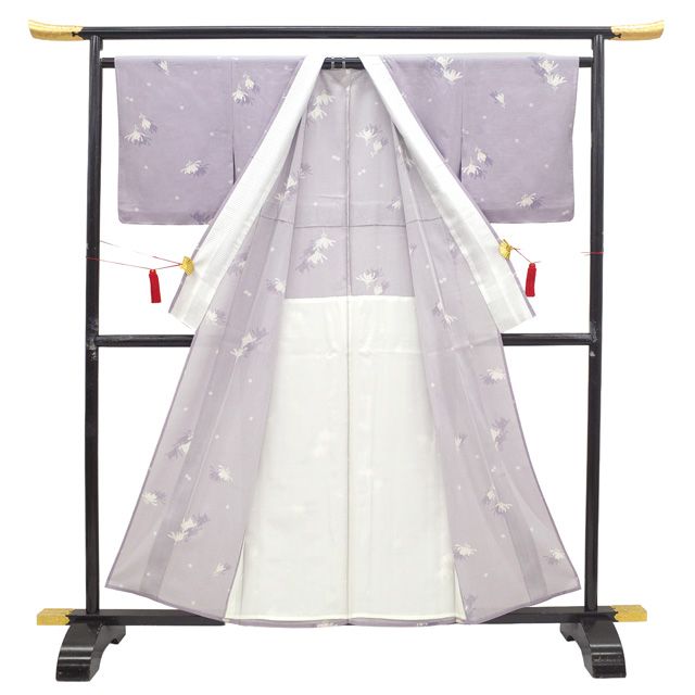 夏物 小紋 着物 リサイクル 絽 正絹 単衣 藤紫色 紫 菊 小花 カジュアル 中古 仕立て上がり 身丈157 裄丈64.5 Ｍサイズ みやがわ sb17404 中古】 夏物 小紋 着物 リサイクル 絽 正絹 単衣 藤紫色 紫 菊 小花 夏