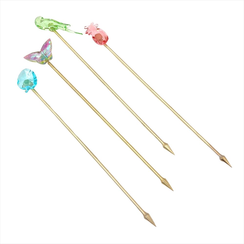 スワロフスキー SWAROVSKI ジャングルビート カクテルマドラー フルーツピック 4本セット オウム 蝶 リーフ パイナップル カトラリー 5557812 クリア【中古】