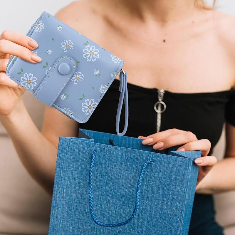 [Farcauo] 財布 レディース ミニ財布 レディース 2つ折り 人気 可愛い 女性 小菊の模様が入った青いウォレット 花柄 wallet women コインポケット付き 小銭入れ 0