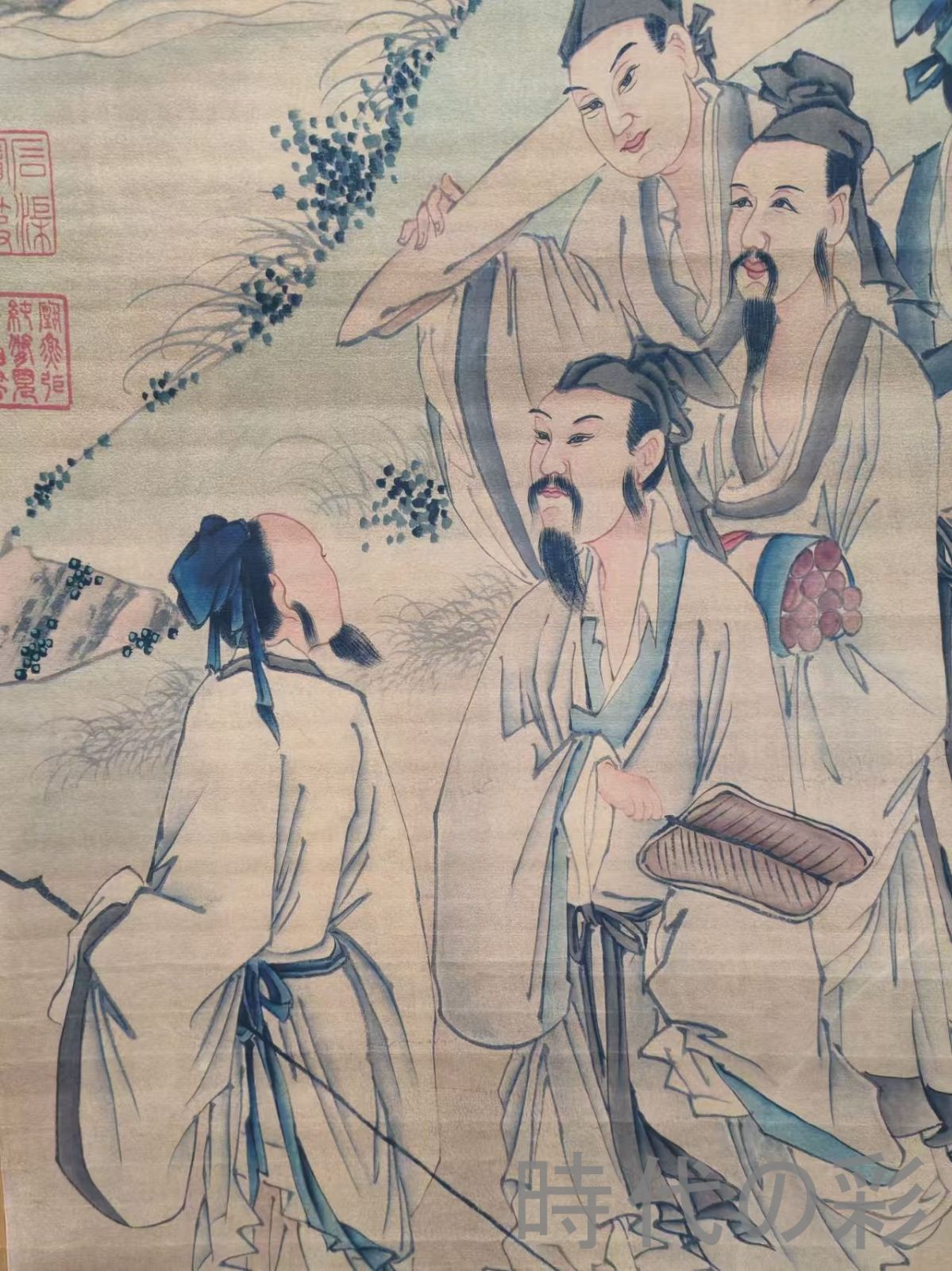 中国古美術【唐寅風 人物図】掛軸 宣紙 四尺中堂 表装済 人物画 肉筆