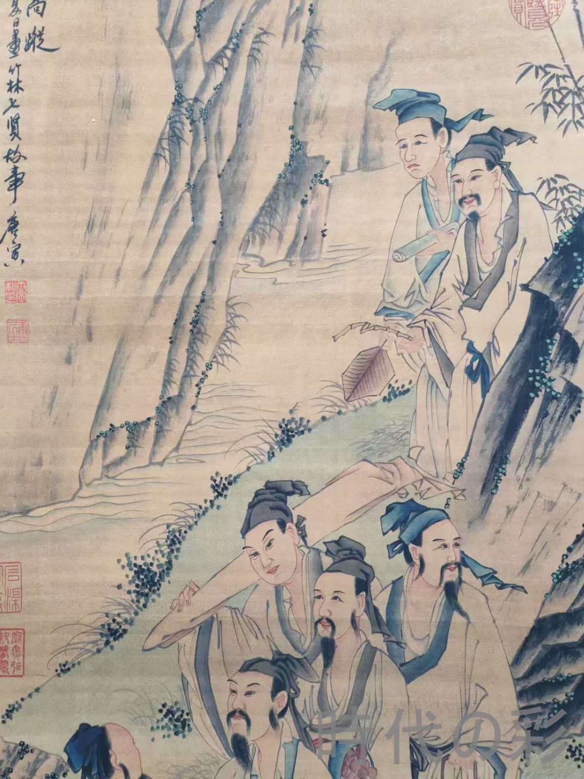 中国古美術【唐寅風 人物図】掛軸 宣紙 四尺中堂 表装済 人物画 肉筆