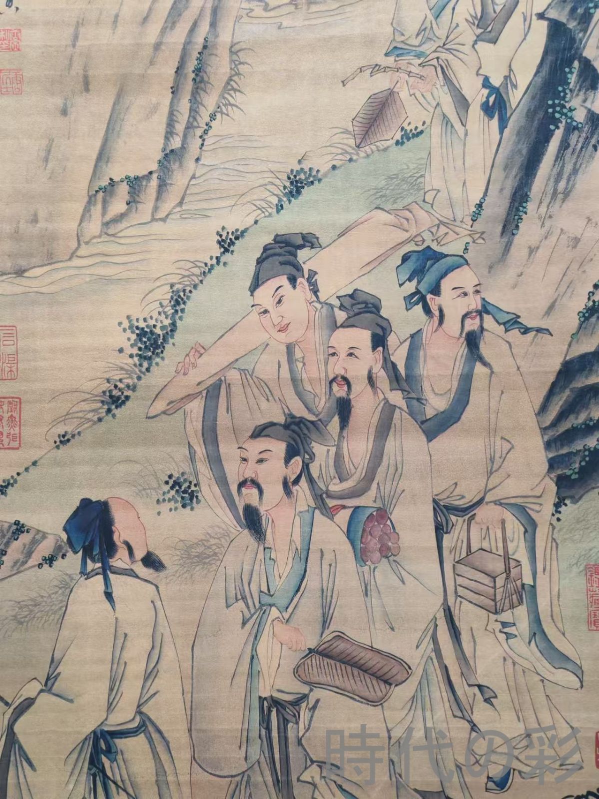 中国古美術.唐寅款.山水画.宣紙画.三尺手描き.肉筆.掛け軸.絵画.書道.水墨画 中国古美術【唐寅風 人物図】掛軸 宣紙 三尺中堂 表装済 人物画 肉筆