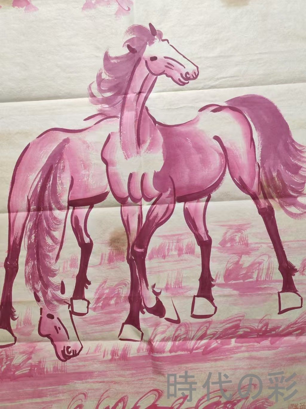 中国古美術【徐悲鴻風 秋山双駿図】掛軸 宣紙 画芯款 未表装 動物画 馬