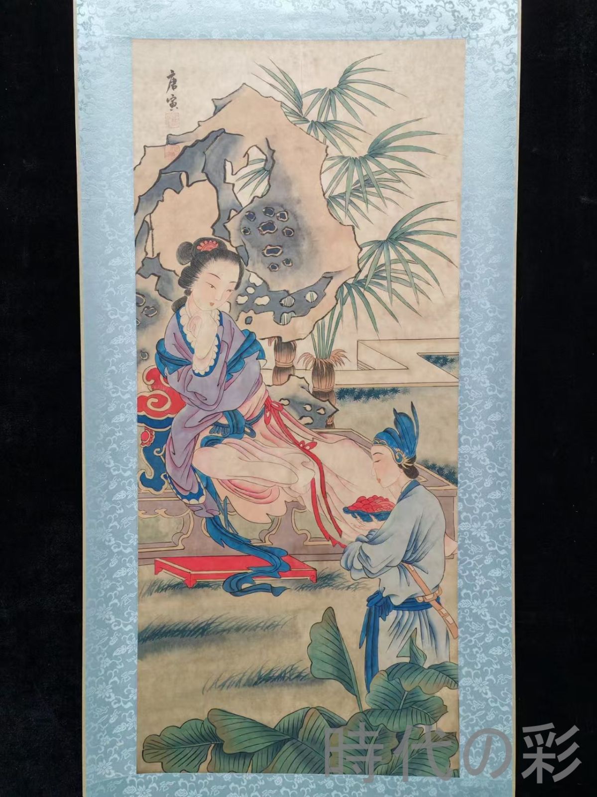 中国古美術【唐寅風 人物図】掛軸 宣紙 三尺中堂 表装済 人物画 肉筆