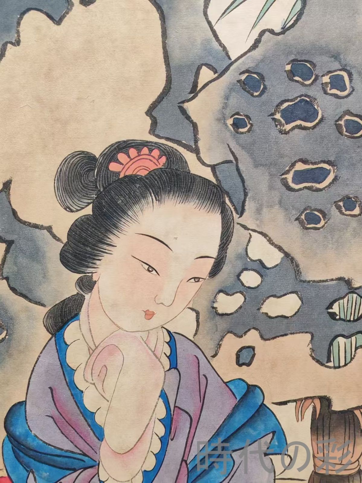 中国古美術【唐寅風 人物図】掛軸 宣紙 三尺中堂 表装済 人物画 肉筆