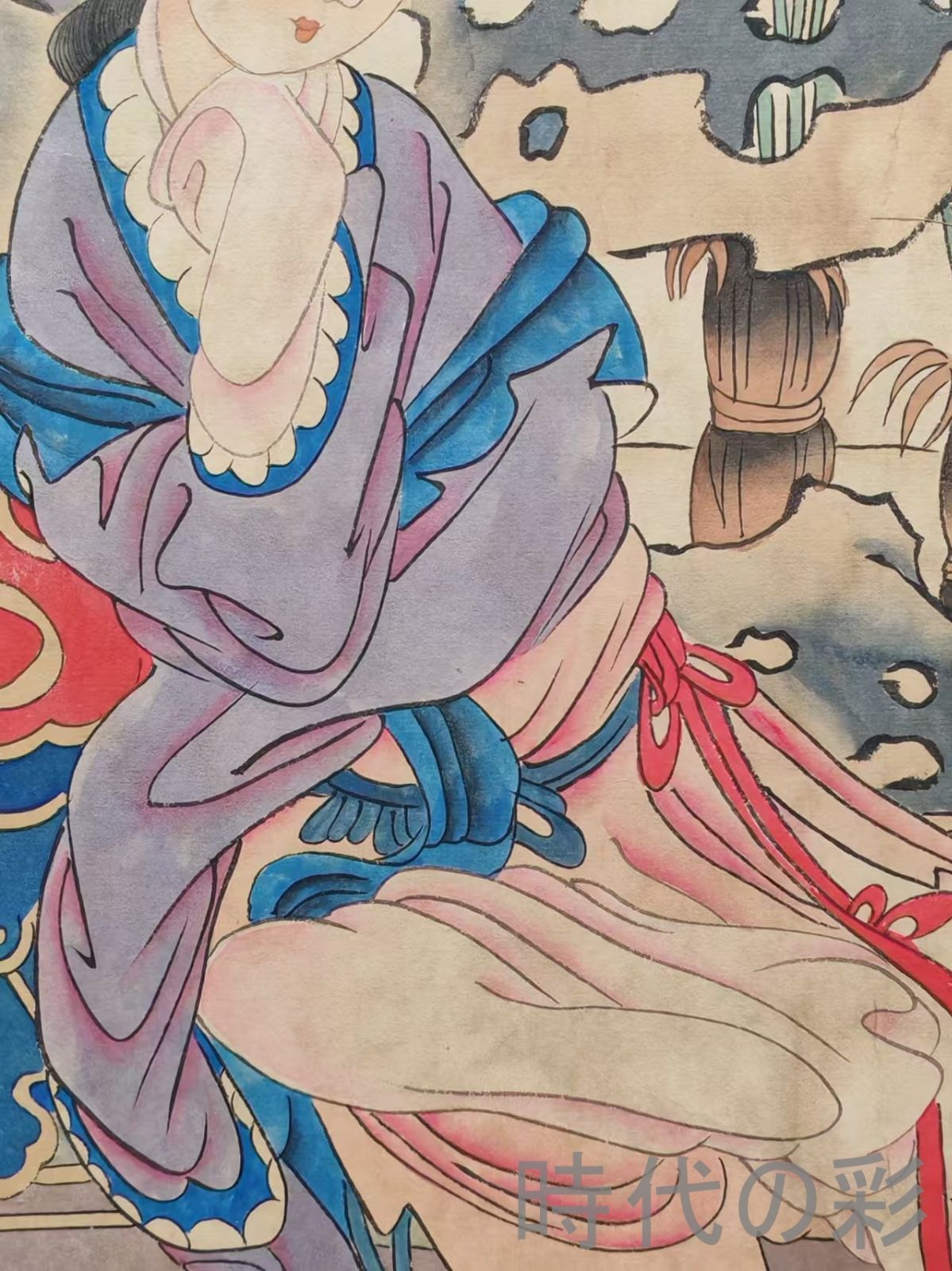 中国古美術【唐寅風 人物図】掛軸 宣紙 三尺中堂 表装済 人物画 肉筆