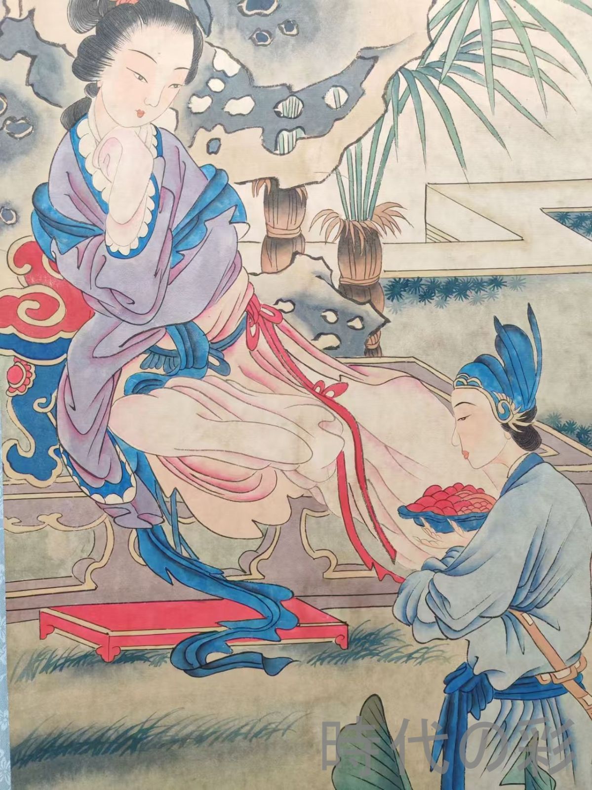 中国画 唐寅 献寿図 中堂 掛け軸／証明書・防偽マーク付き 中国古美術【唐寅風 人物図】掛軸 宣紙 三尺中堂 表装済 人物画 肉筆